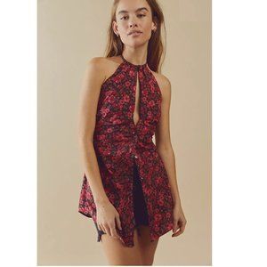 NEW Free People Lyla Halter Tunic Red Black Floral Combo